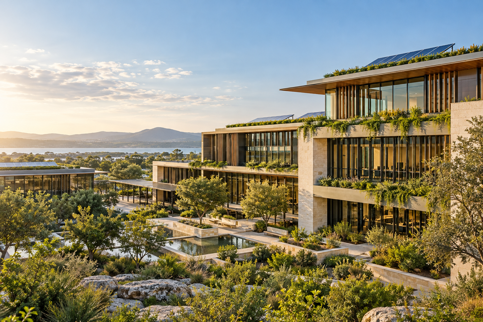 Sustainable buildings with planted terraces and solar panels